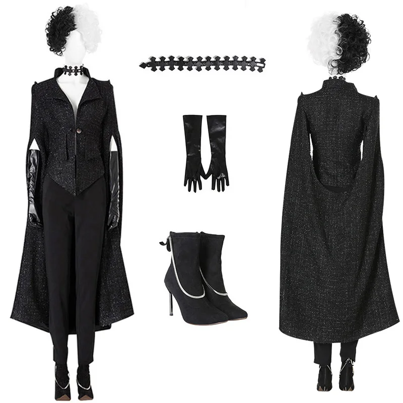 

Cruella De Vil Cosplay Costume Outfits Cruella Long Sleeves Windbreaker Overcoat Black Uniform Women Halloween Cruella De Vil