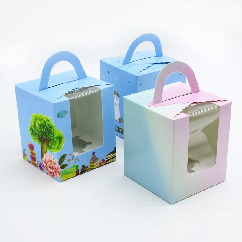 

50 Pcs Cupcake Box With Window Handle Circus Unicorn Flower Xmas Wedding Gift Box Packaging Cup Cake Kraft Packaging Boxes Party