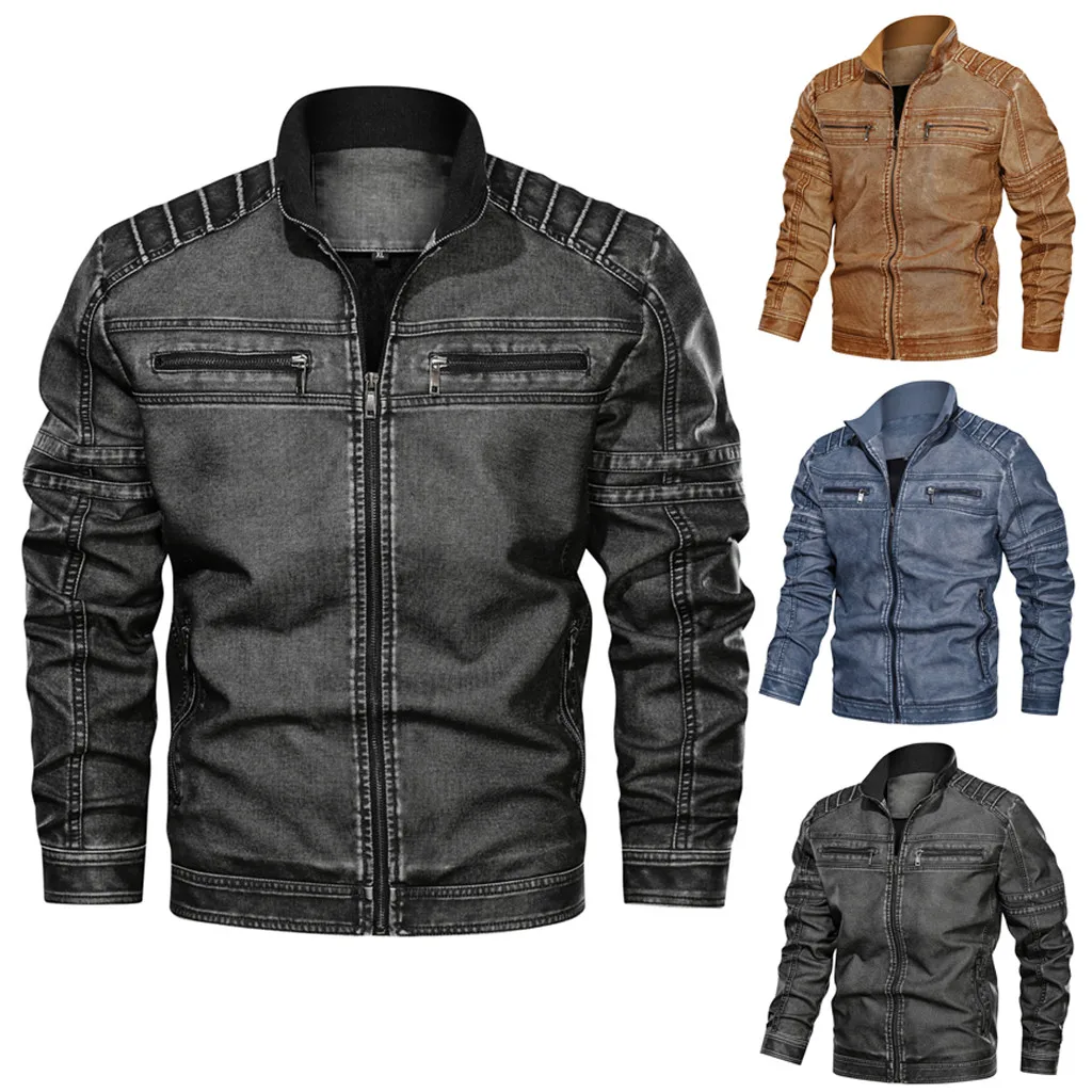 Chaqueta Hombre джинсовая куртка большого размера однотонная Повседневная куртка из потертой кожи с воротником-стойкой Moletom женское Inverno мужская куртка