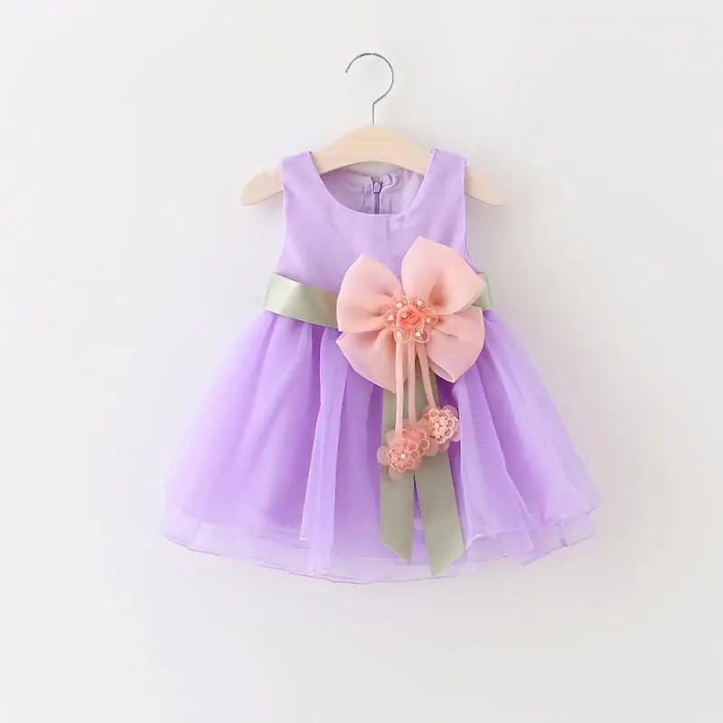 Новые милые Карамельный цвет на детей и девочек, Платье-майка для девочек День рождения свадебное летнее платье для маленьких принцесс с цветочным рисунком и бантом; - Цвет: Purple