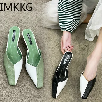 

2020 Mules Pu Leather mix color Slippers Women green high Heels Flipflops Pointed Toe Beach Shoes Slides