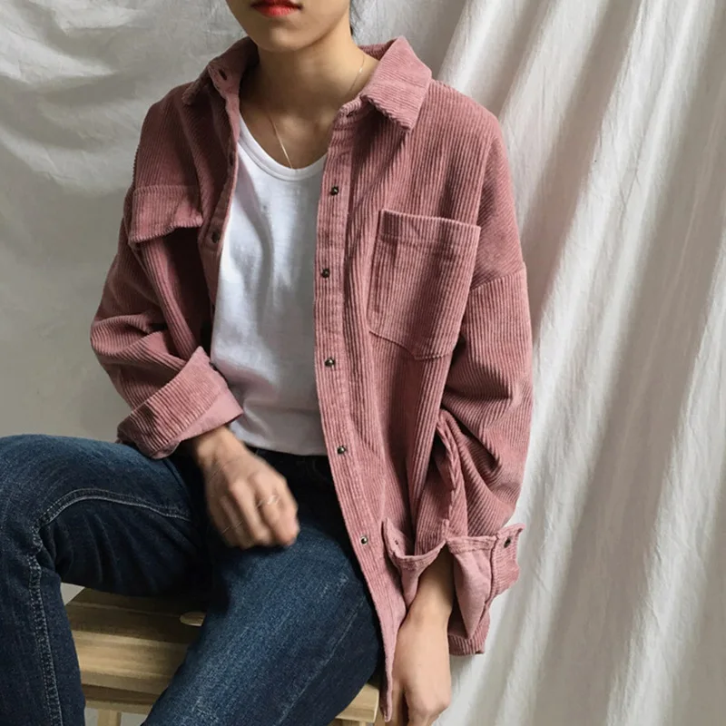 

Ellacey Spring Autumn 2019 New Korean Fashion Corduroy Jacket Pink Casual Loose Shirt Corduroy Retro Outwear Female Plus Size