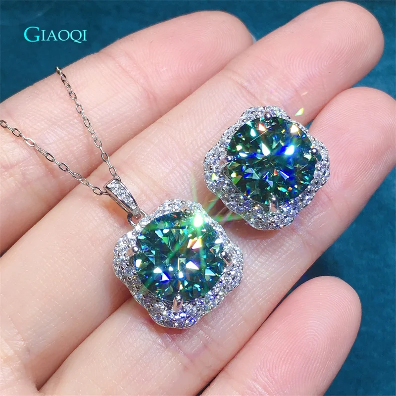 GIAOQI 오리지널  5 캐럿 다이아몬드 테스터 과거 녹색 모이사나이트 쿠션 반지/펜던트 목걸이, 공주 보석 세트 선물