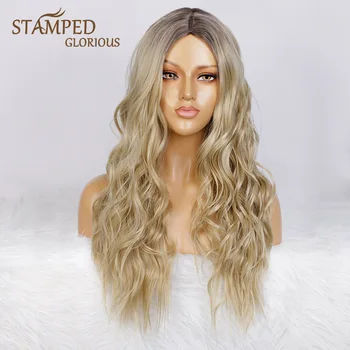 

Stamped Glorious Middle Part Natural Wave Wigs Long Ombre Black Blonde Wig Heat Resistant Fiber Synthetic Wigs for Women