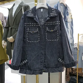 

Spring and Autumn New Korean-style Jeans Jackets Loose Plus-sized BF Retro Harajuku Jeans Coat Women's Riveting Nail Denim Coats