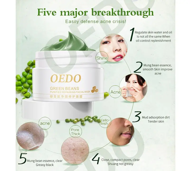 Oedo Очищающая маска для лица mung Bean Mud пилинг акне маска для удаления угрей Сужающий поры отбеливающий увлажняющий уход кремы