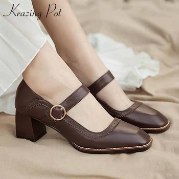 

Krazing pot vintage literature and art carved genuine leather square toe high heels fashion buckle straps women new pumps L09