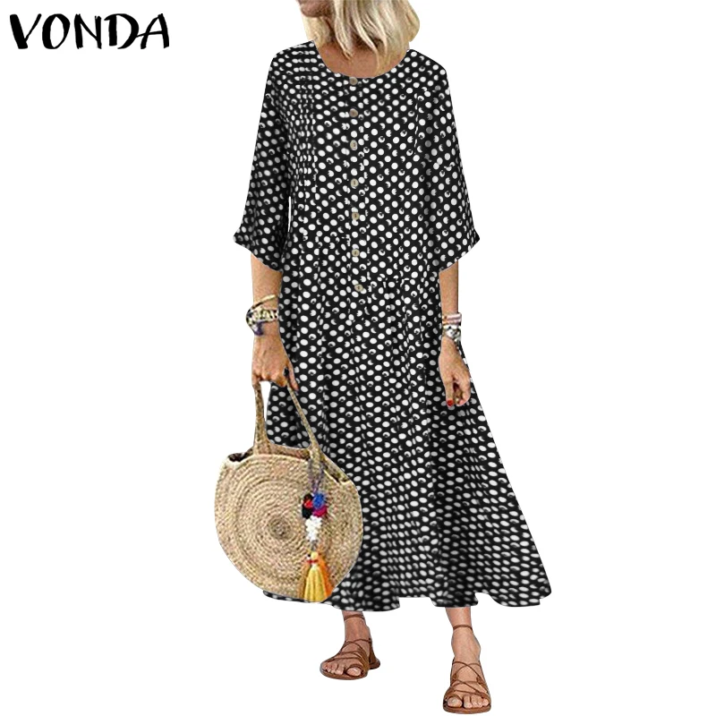 Женское длинное платье в горошек VONDA, летнее винтажное богемное платье с рукавом-фонариком размера плюс, сарафан, Повседневное платье - Цвет: Черный