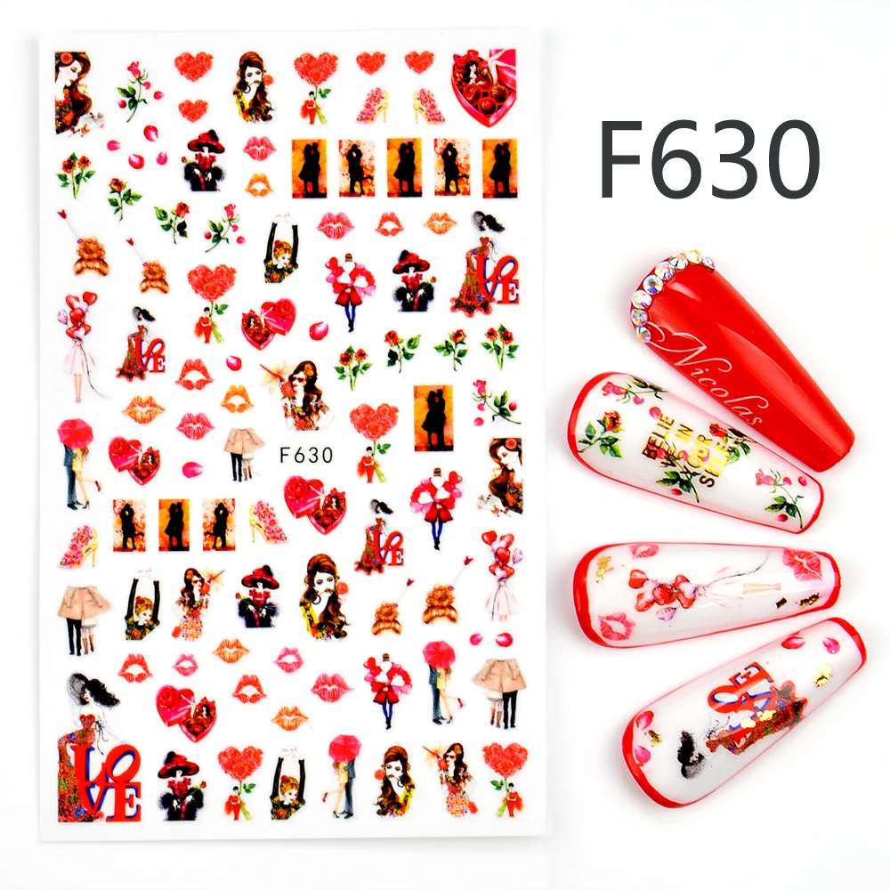 1 Pc Pink Flower Designs Memory Stickers 3D Red Slider On Nails Lover Ombrello Cuore Fogli Adesivi Accessori Artistici