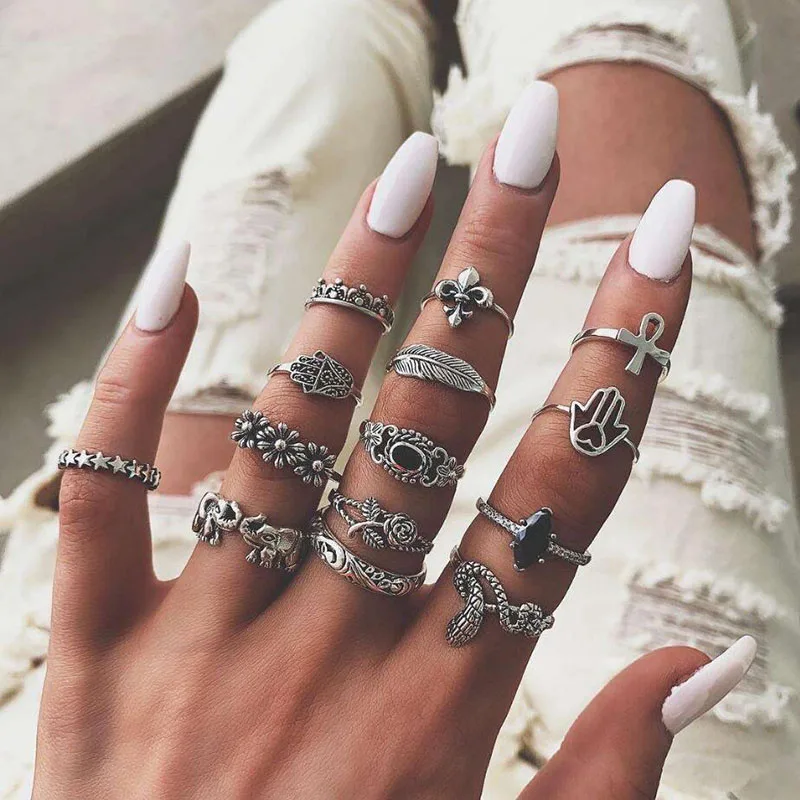 

14pcs/set New Creative Vintage Animal Snake Elephant Leaf Palm Antique Silver Rings Sets For Women Girls Fashion Finger Rings