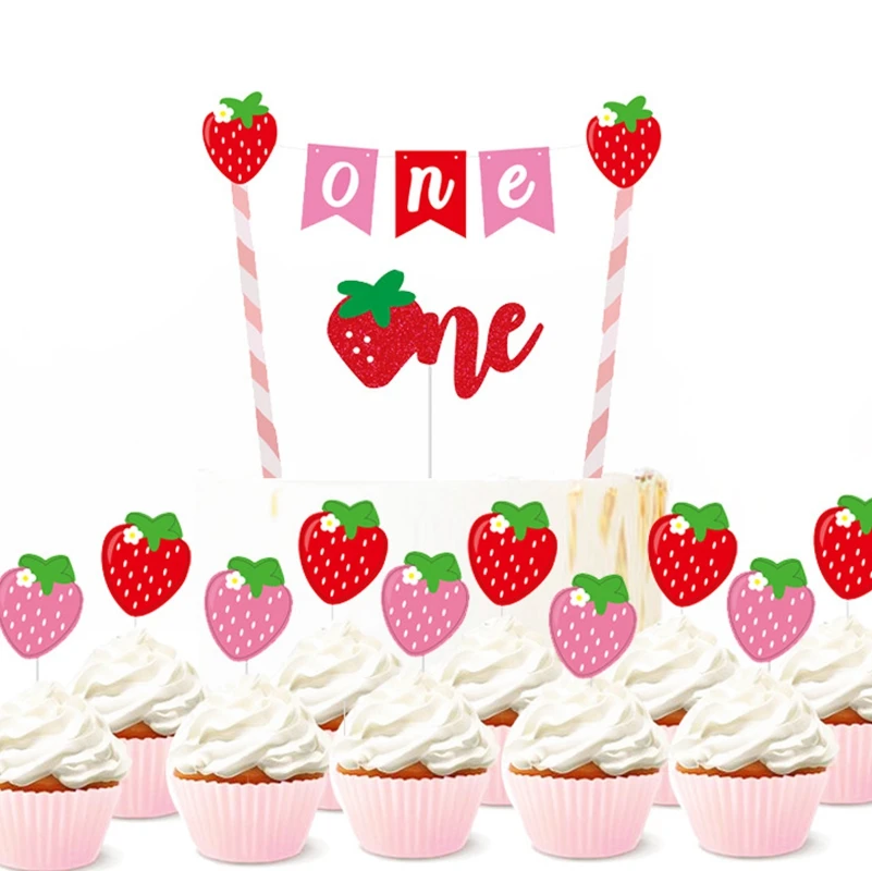 Набор посуды в виде клубники, украшение для тортов, одна розовая соломенная бирка, клубника, день рождения, свадебные принадлежности для украшения праздника - Цвет: 12pcs toppers