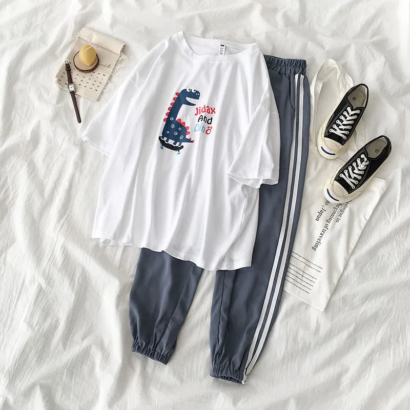 Summer Short Sleeve Cartoon Print T-shirt Elastic Waist Casual Trousers Women Set Internet Celebrity Street Two-Piece Female |