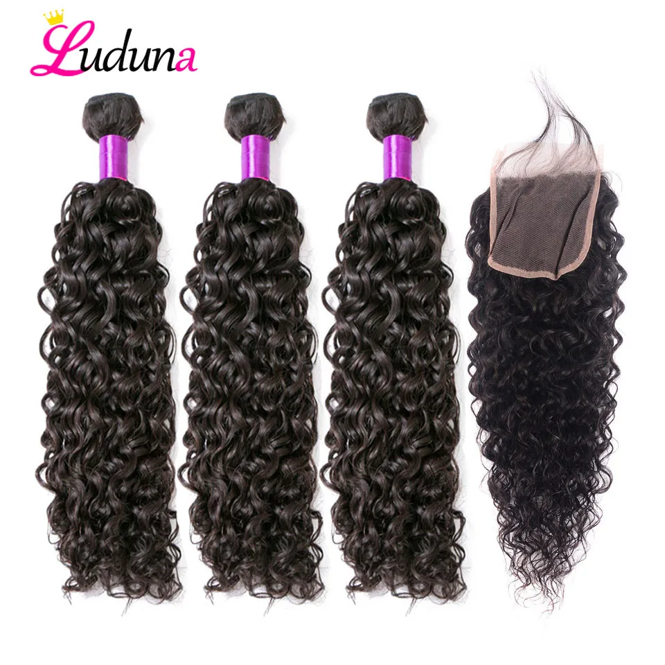

Luda Brazilian Hair Weave 3 Bundle With Closure Water Wave Bundles With Frontal Closure Human Remy Hair Bundles With Closure 4*4