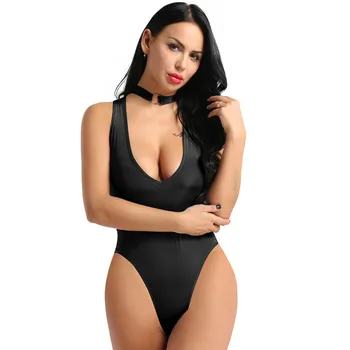 

Women One-piece See Through Sheer Bodysuit Sexy Low Chest Soft Fabric High Elastic Jumpsuit Halter Open Crotch Leotard Bodysuit
