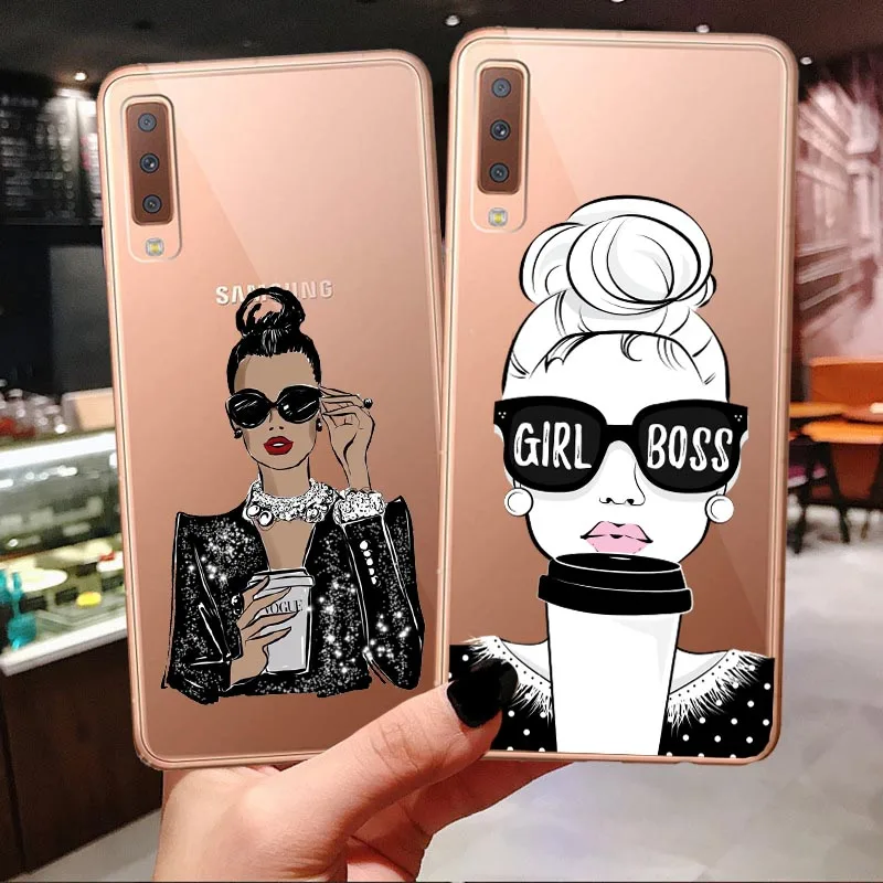 Vogue Boss девушка каштановые волосы для прозрачный силиконовый кейс Samsung Galaxy A10 A30 A50