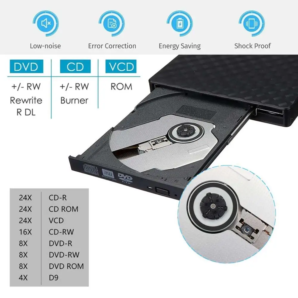  Corrugated External USB3.0 DVD Burner RW CD Writer Slim Optical Drive Burner Reader Player Tray Typ
