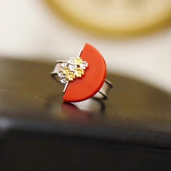 

Natural Red Coral Pink orange Semicircle Red Coral ring 20*10mm925 silver open adjust ring