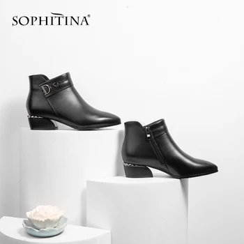 

SOPHITINA Casual Ladies Ankle Boots Winter Genuine Leather Round Toe Shoes New Butterfly-Knot 5.5 cm High Heel Women Boots PO232