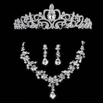 

FORSEVEN 3pcs Handmade Rhinestone Crystal Necklace Earring Tiara Jewelry Set Women Crown Bride Wedding Jewelry Hair Accessory JL