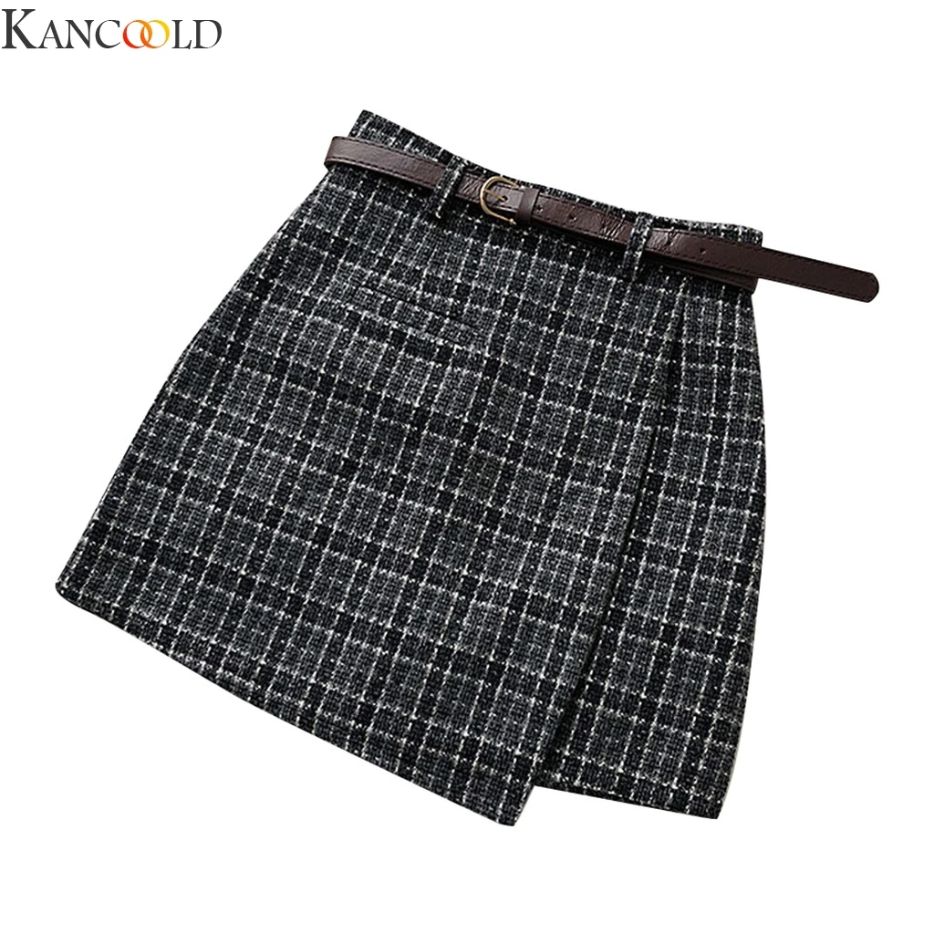 KANCOOLD Корейская Асимметричная женская юбка, Женская Осенняя Милая Мини-юбка трапециевидной формы с высокой талией, винтажная Повседневная Женская клетчатая юбка с поясом