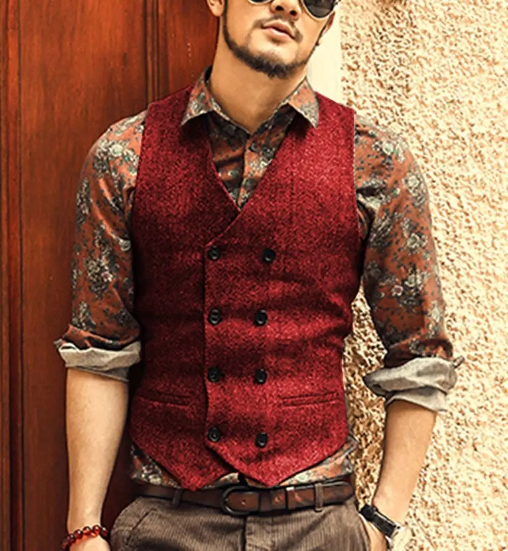 Mens Suit Dress Vests Casual Men's Brown Waiter Vest Jacket Slim Fit Prom Double Breasted Blazer Champagne Suits Waistcoat