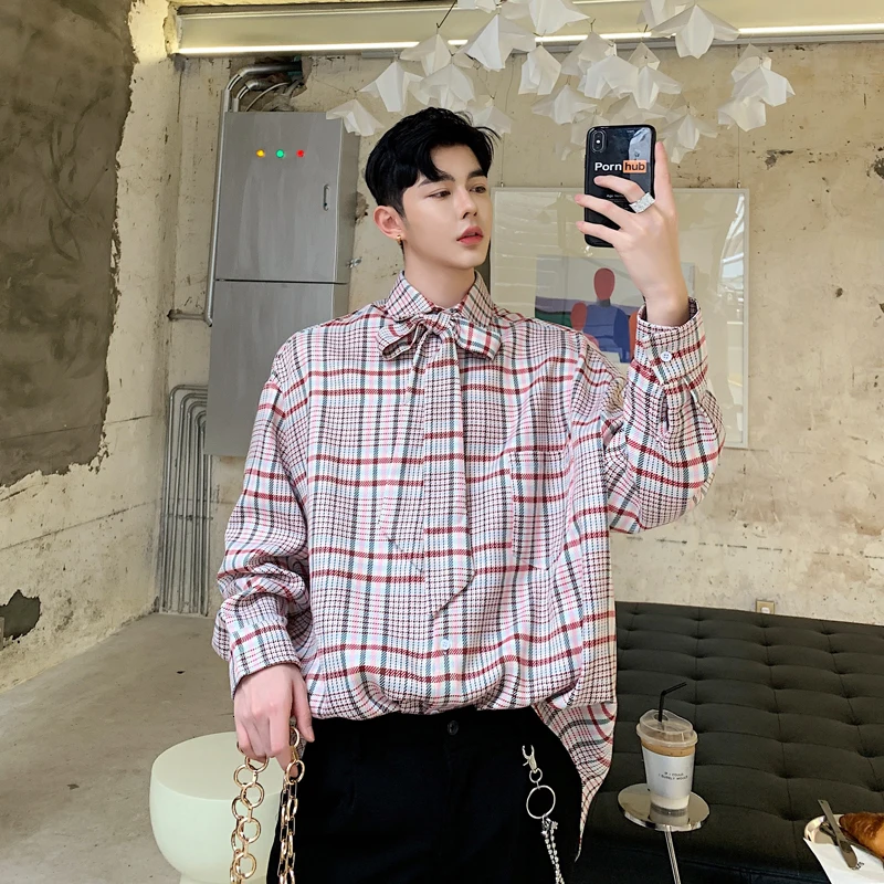 

2019 Autumn Tie Decoration Gingham Easy Man Thin Plaid Long Sleeve hawaiian Shirt Two Color Chinese Style Green Pink