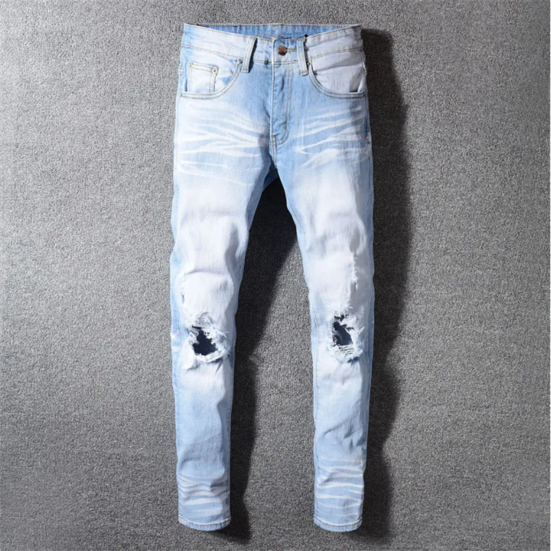 

2019 New arrived Men's Distressed Hollow Out Pants Washed Light Blue Denim Skinny Jeans Slim Trousers Size 28-40