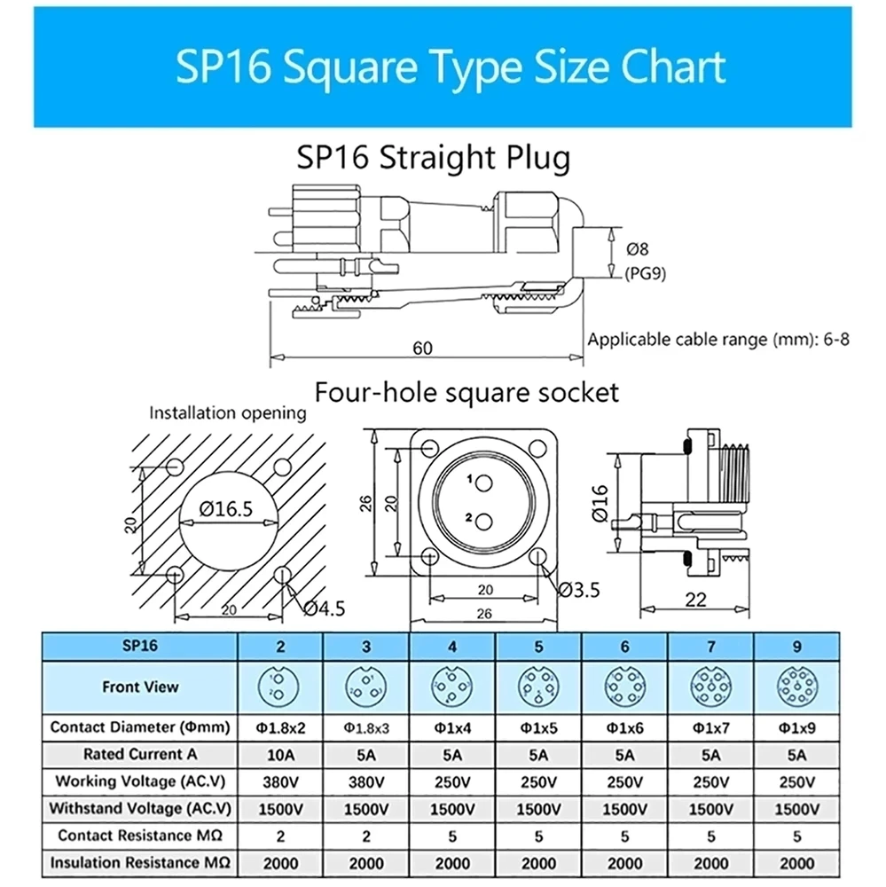 SP16 IP68 Waterproof Connector Cable Plug Socket Male Female 2 3 4 5 6 7 9 Pin Docking Square Flange Back wire connector terminals wire connector electrical connectors electrical connector connector with cable cable connector usb plug socket connector coaxial connector rf connector pcb connector