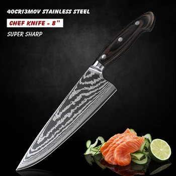 

8 inch Chef Knife High Carbon Laser Damascus Pattern Pro kitchen knife Sharp Stainless Steel knives kitchen Cooking Tools