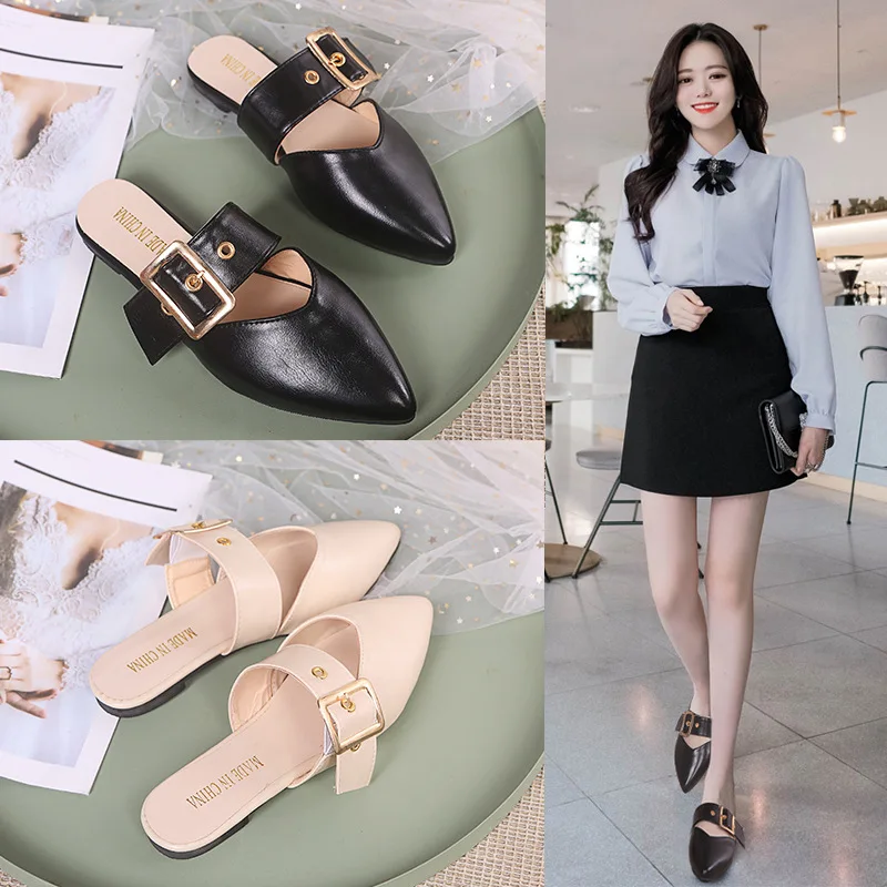 

2019 Korean-style Simple Pointed Shallow Mouth Closed-toe Women's Slippers Spring And Summer New Style Belt Buckle Retro Versati