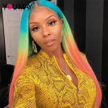 

Straight Lace Front Human Hair Wigs Rainbow Colored Lace Frontal Wig Brazilian Transparent Full T# Lace You May Colorful Wig