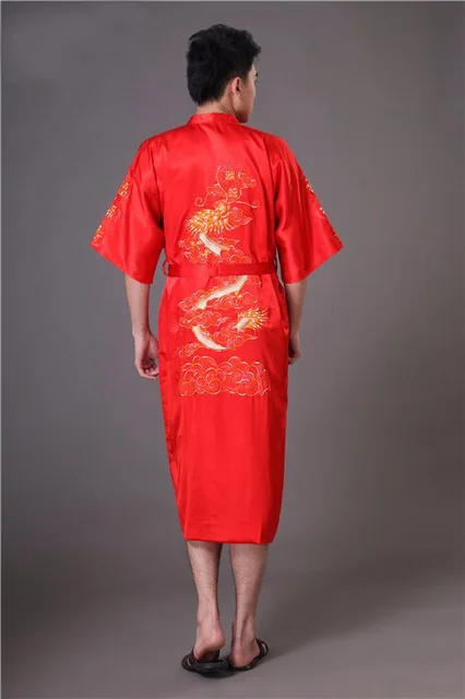 Черные мужские кимоно высокого качества, банный халат в китайском стиле, Атласный халат, вышивка, пижама с драконом, пижамы, большие размеры 011022 - Цвет: red