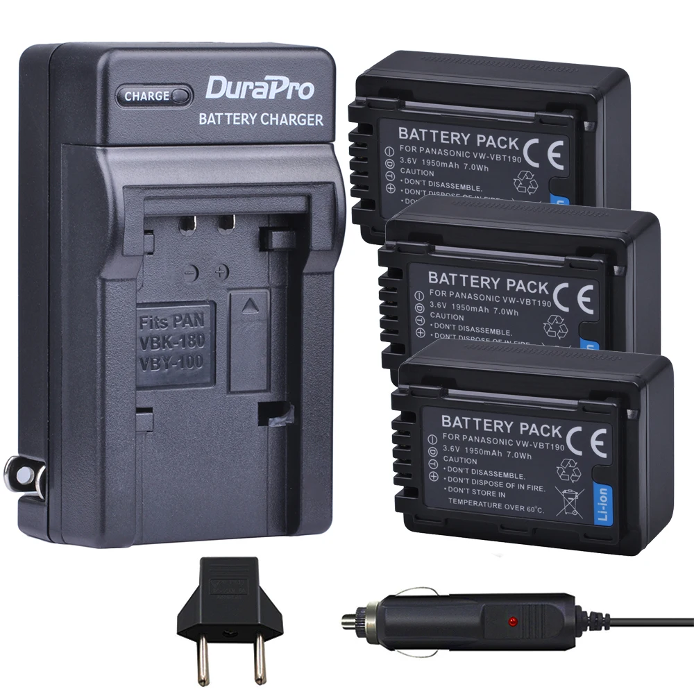 3Pc Vw-Vbt190 Vw Vbt190 Li-Ion Batteria + Caricabatteria Da Auto Per Panasonic Hc-V110 Hc-V130 Hc-V160 Hc-V180 Hc-V201 Hc-V210 Hc-V230 Hc-V250