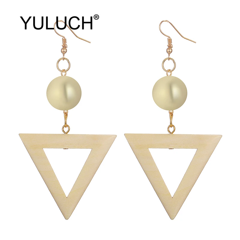 

YULUCH Ethnic African Indian Golden Beads Triangle Round Hollow Natural Wooden Pompom Pom Long Pendant Earrings For Women Party