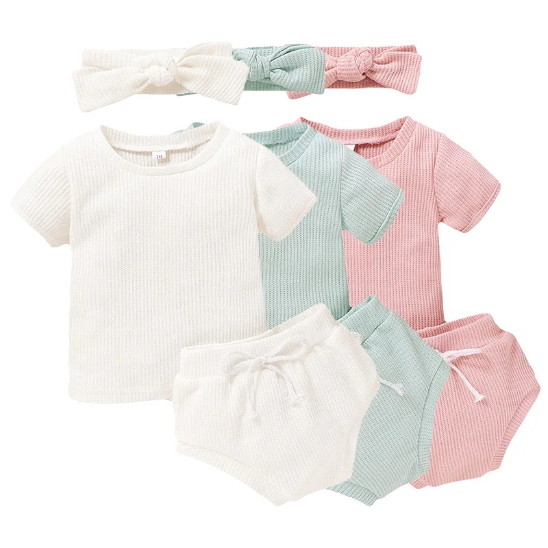 

3Pcs Newborn Baby Girls Clothes Sets Pure color Cotton Tee Tops Shorts Headband Suits Casual Infant Kids Outfits Costumes 0-24M