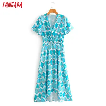 

Tangada fashion women blue print office dress 2020 summer v neck Ladies elegant chiffon midi Dress Vestidos 2F60