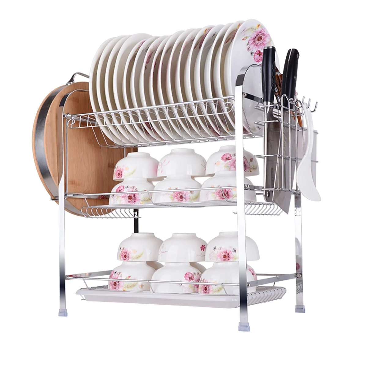 

Multifunctional 3 Layer Tier Chrome Alloy Dish Drainer Cutlery Holder Rack Drip Tray Organizer Kitchen Kitchen Accessories