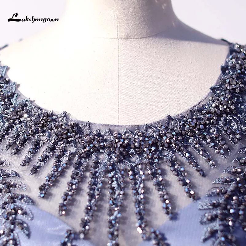 Lakshmigown Дубай Роскошные вечерние платья с длинными рукавами темно-синие вечерние платья с круглым вырезом и кристаллами Robe de Soiree