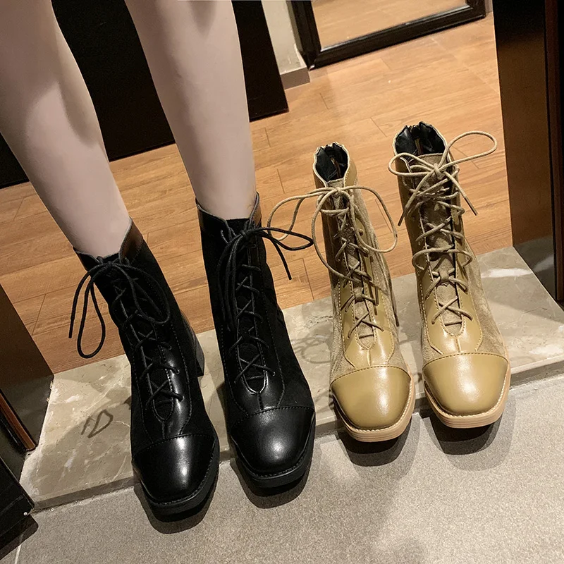 

Shoes Round Toe Bootee Woman 2019 Women's Ankle Boots Lace Up Booties Ladies Chunky Heel Luxury Designer Low Heels booties