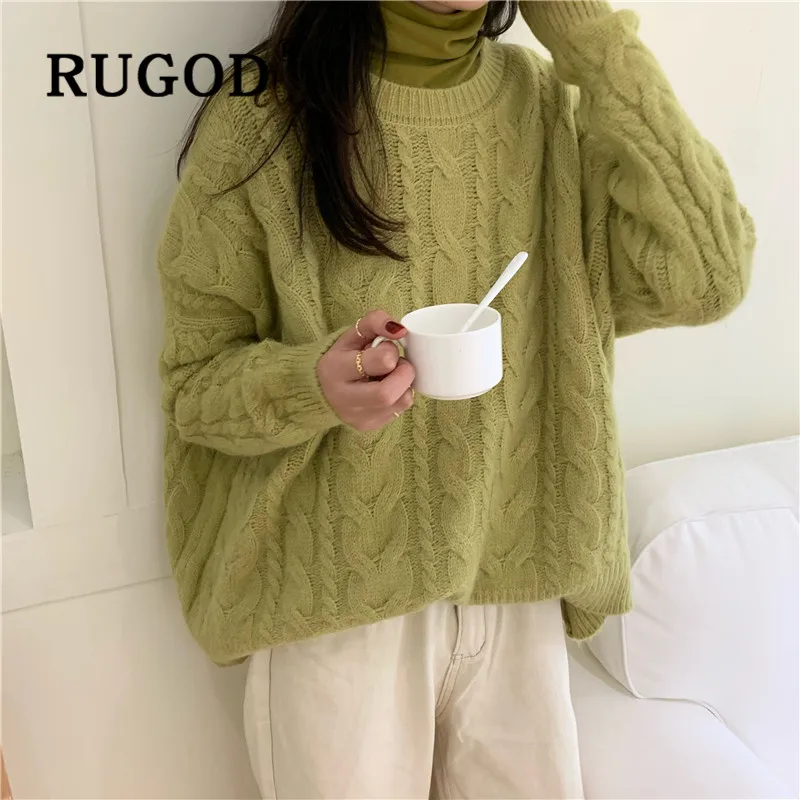 RUGOD корейский винтажный свитер, пуловеры для женщин, твист, о-образный вырез, однотонный вязаный свитер, модная Повседневная Туника, теплый женский милый пуловер