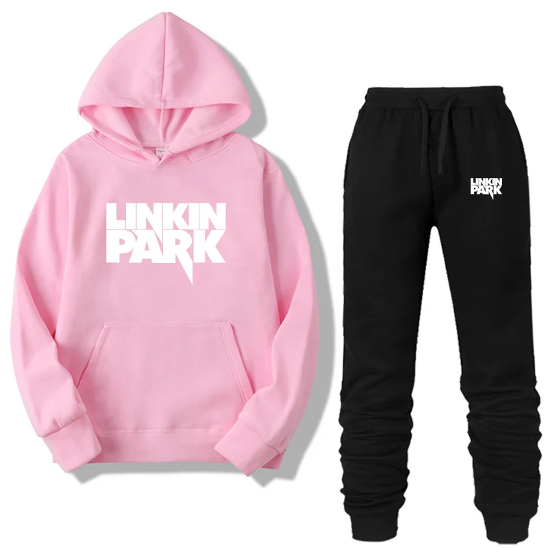 Модные толстовки с капюшоном LINKIN PARK из двух предметов, спортивная одежда для мужчин, спортивный костюм с капюшоном, осенняя мужская брендовая одежда, толстовки+ штаны, комплекты - Цвет: pink-W
