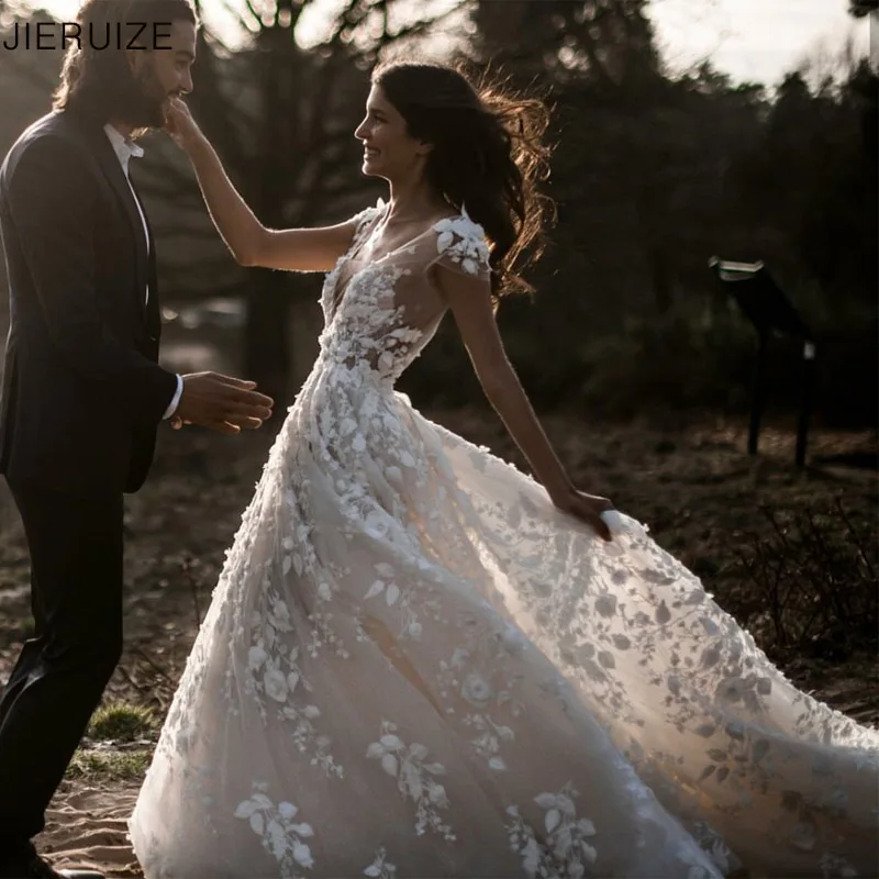 

JIERUIZE Flowers Lace Luxury Backless Wedding Dresses Cap Sleeves Wedding Gowns Sheer Back Bride Dresses robe de mariee