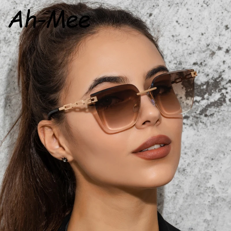 Women's Rimless Cat Eye Sunglasses Brown Gradient Lens Eyewear_voghion.com