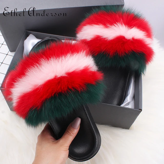 2021 Hot Sale Women Real Fox Fur Slippers Multi-color Summer Fashion Slides Casual Female Furry Shoes As picture