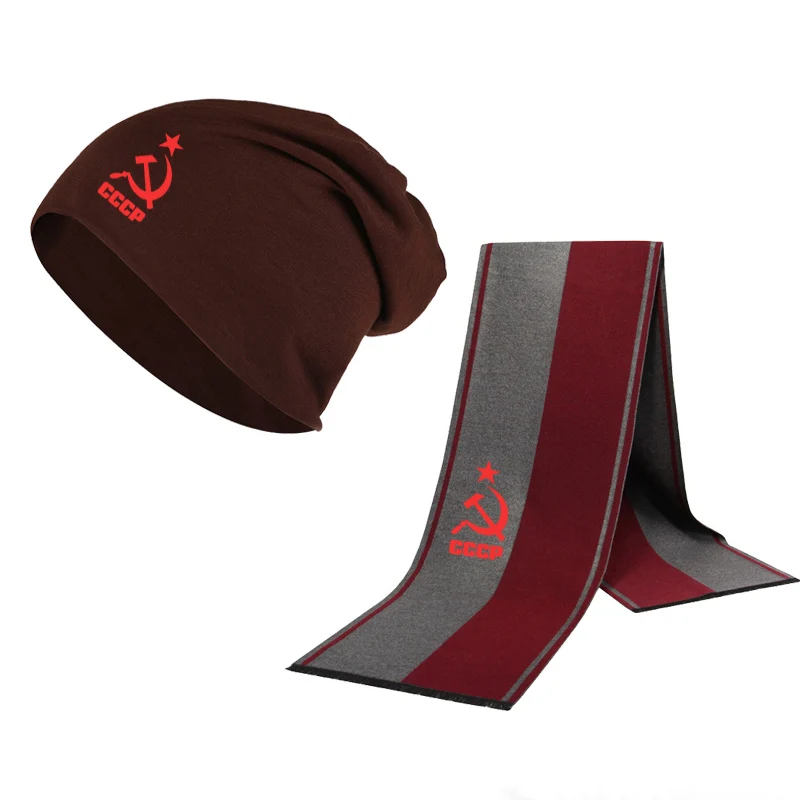 Зимняя Шапка-бини, CCCP, русская мужская шапка, шарф, Одноцветный теплый хлопковый шарф, шапка, набор, мужская спортивная шапка, шарф, набор из 2 предметов