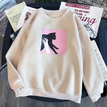 

Autumn Winter Women Sweatshirts Round Neck Holding Cat Letter Pattern Loose Casual Plus Size Long Sleeve Pullover