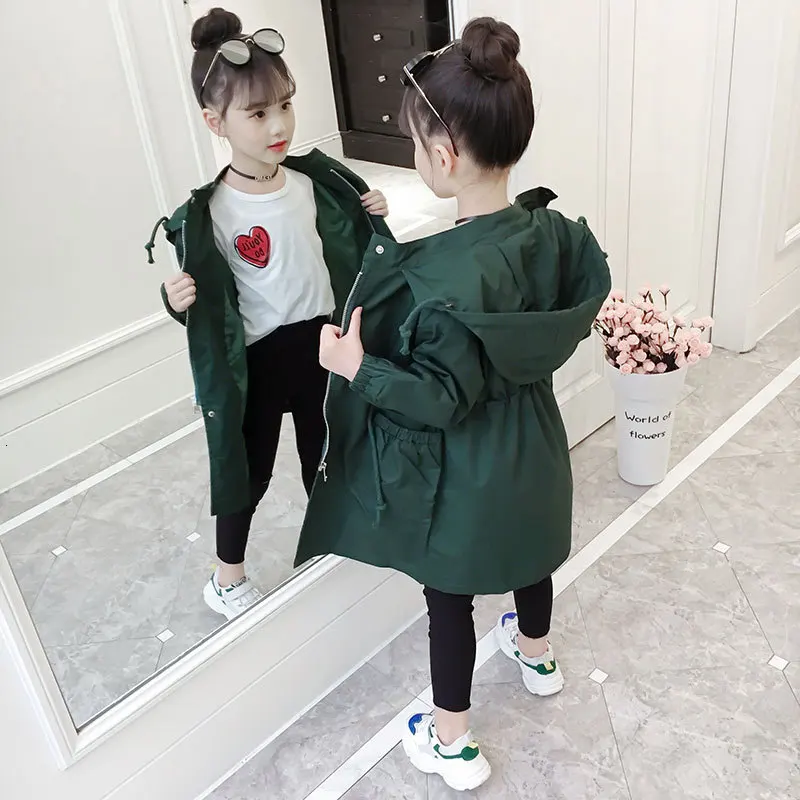 New children's jacket spring and autumn children's jacket girls's solid color girl jacket casual hooded long windbreaker jacket