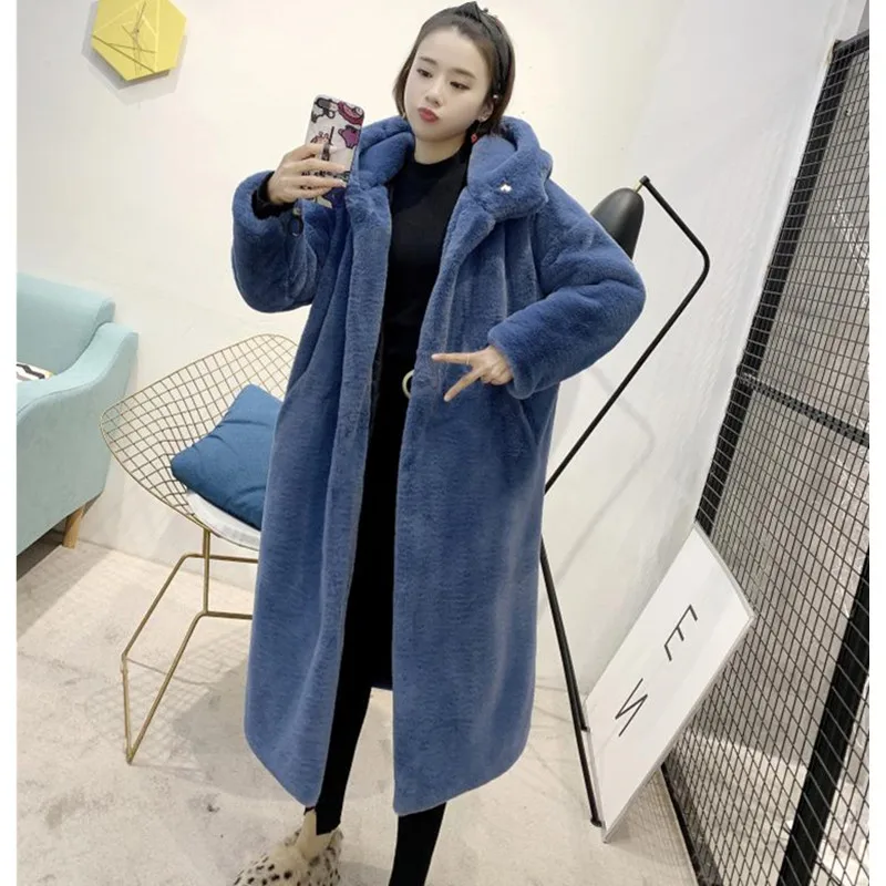 Smoky blue UHYTGF Высококачественная зимняя шуба из искусственного меха норки капюшон с мехом енота кролика рекс элегантная теплая меховая куртка повседневное длинное пальто Плюс Размер 310 - Цвет: Smoky blue