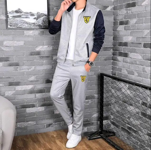 grey Брендовые новые мужские комплекты Модный осенне-весенний спортивный костюм Толстовка+ спортивные штаны мужская одежда Комплекты из 2 предметов облегающая спортивная одежда - Цвет: grey