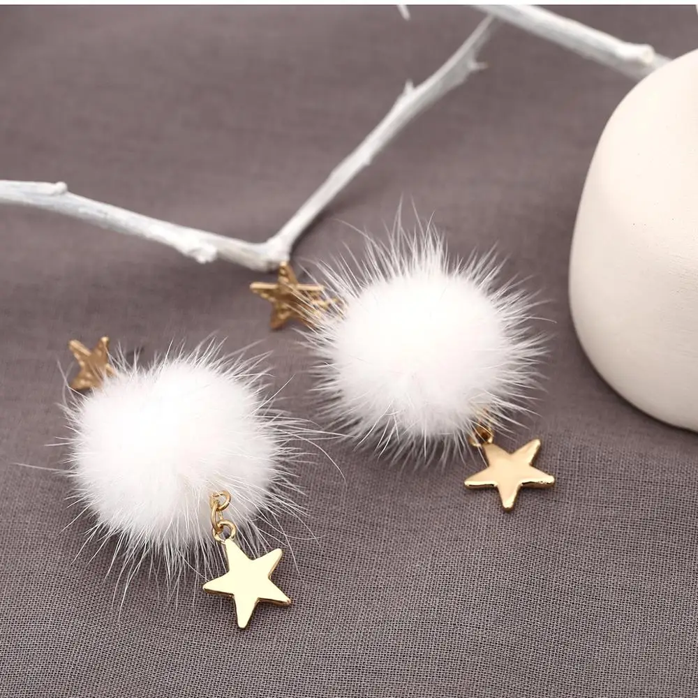 

Fine Lovely Autumn And Winter Long Section Star Pendant Mink Hair Ball Earrings Modern Women's Sweet Stars Hair Ball Long Tassel